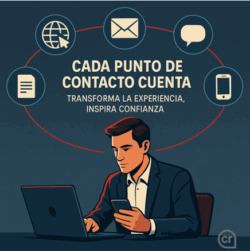 Hombre de negocios gestionando puntos de contacto con cliente, acompañado de iconos digitales y mensaje de experiencia cliente.