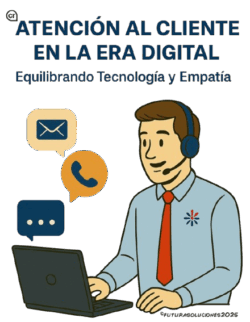 Ilustración de atención al cliente digital con tecnología y empatía, imagen corporativa de Futura Soluciones